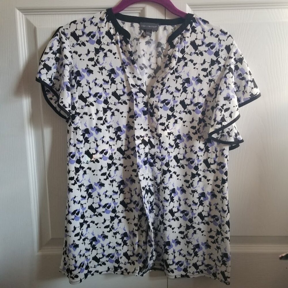 The Limited Women's Blouse Small White Black Blue Abstract Pattern V-Neck